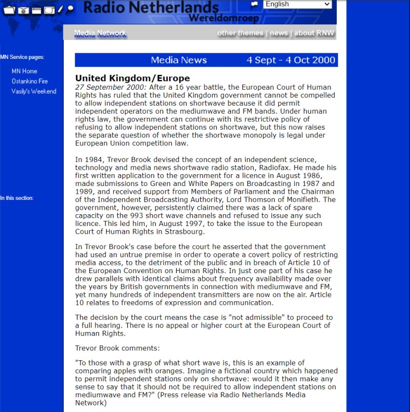 Radio Netherlands Media Network report Radiofax case ECHR in Strasbourg 27th September 2000